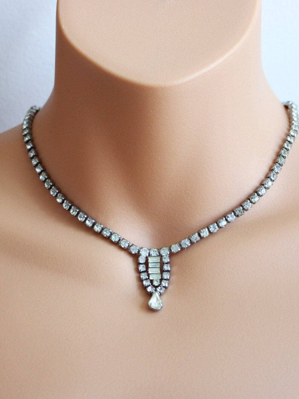 SHERMAN 1940-50 S EARLY STAMPED VINTAGE SPARKLING CLEAR RHINESTONES NECKLACE